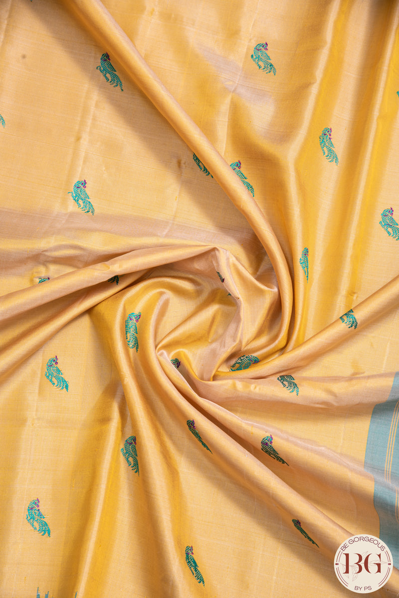 No Zari Kuttu Gadwal Pure handloom silk saree - mustard yellow with pastel blue