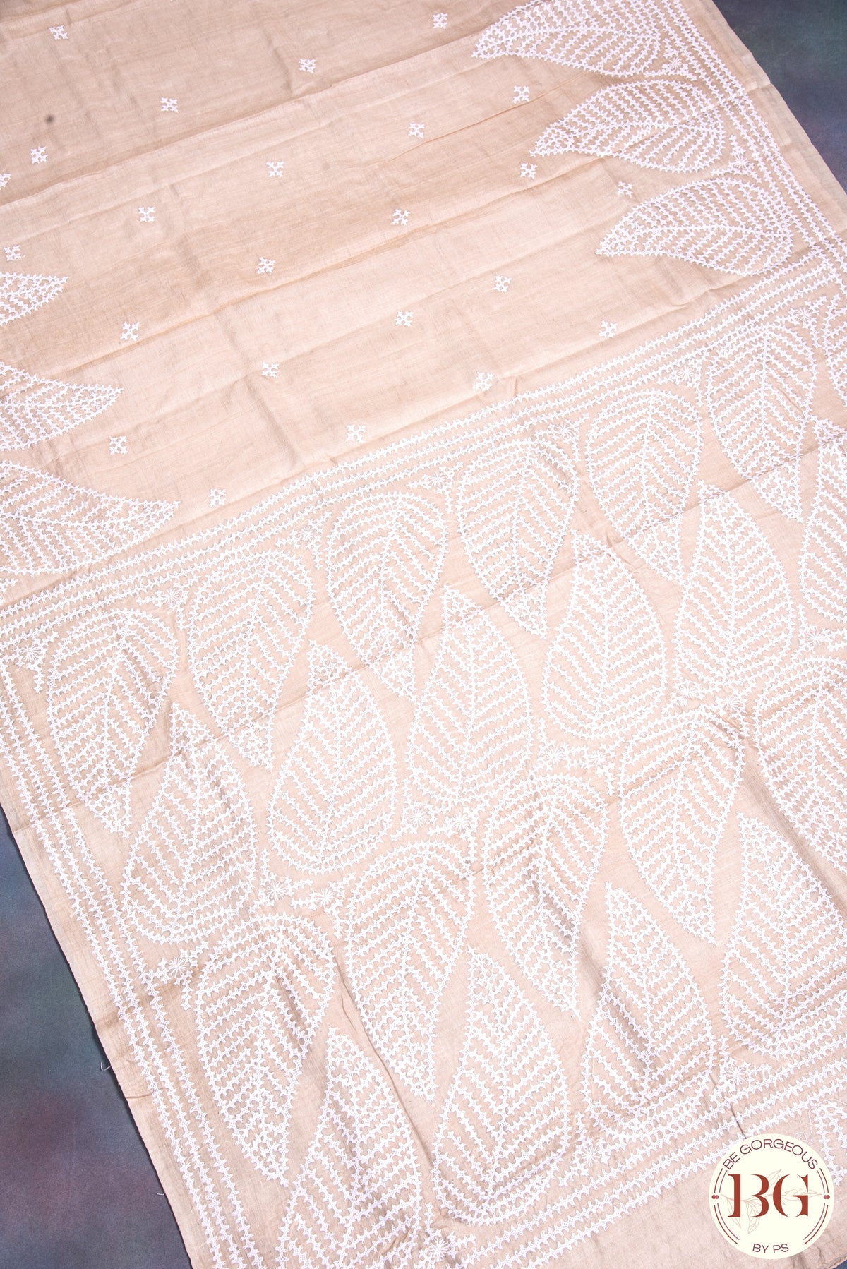 Kantha Stitch Saree on tussar silk - Beige with White