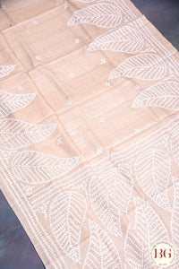 Kantha Stitch Saree on tussar silk - Beige with White