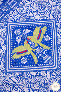 Kantha Stitch Saree on Bangalore Silk with parrot motif - blue with white and green