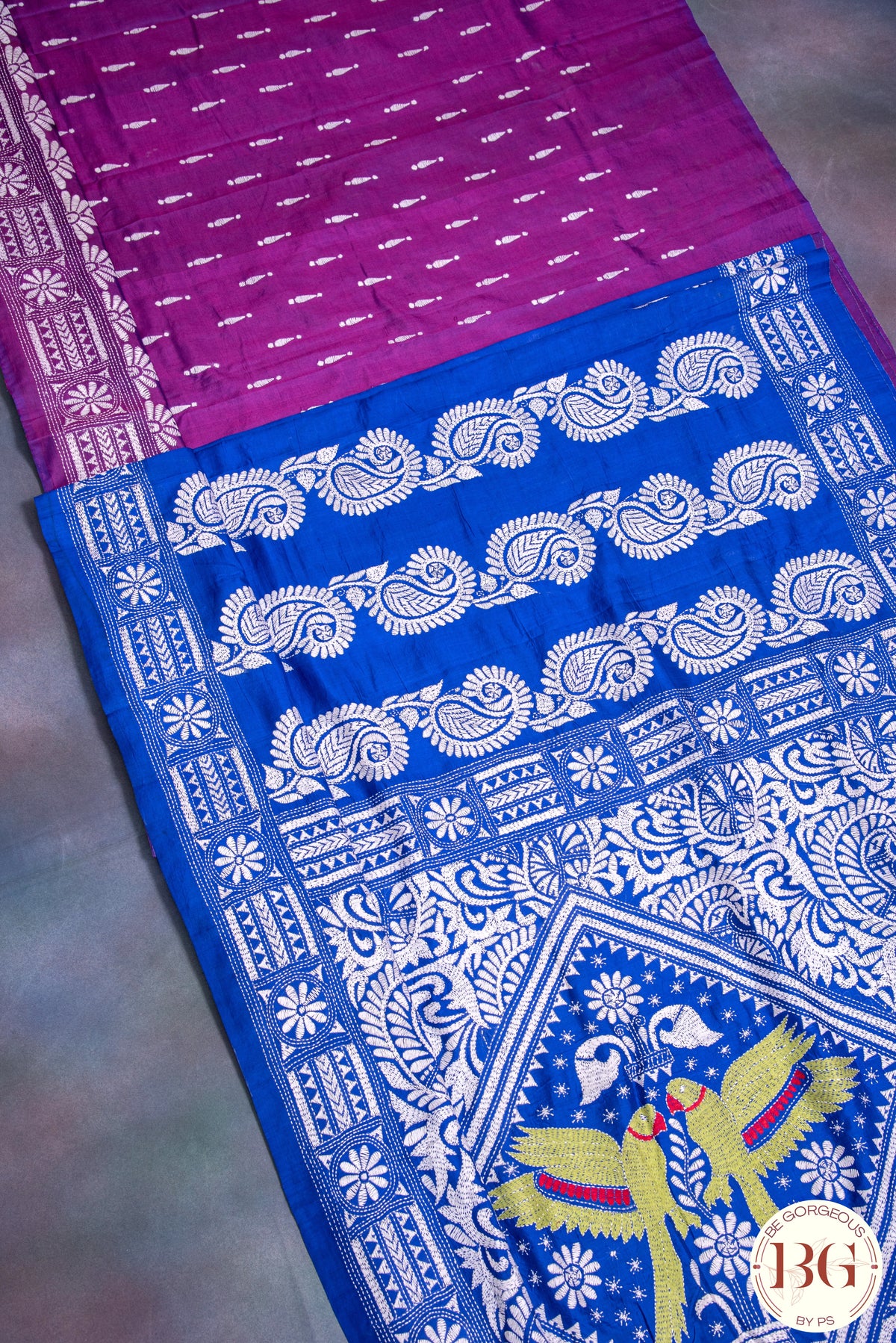 Kantha Stitch Saree on Bangalore Silk with parrot motif - blue with white and green