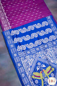 Kantha Stitch Saree on Bangalore Silk with parrot motif - blue with white and green