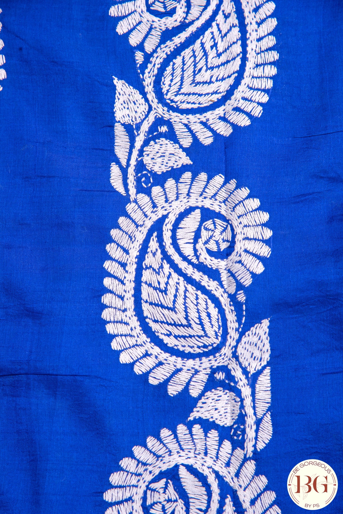 Kantha Stitch Saree on Bangalore Silk with parrot motif - blue with white and green