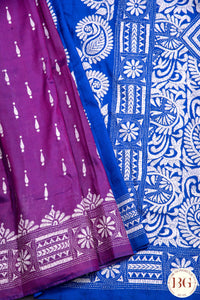 Kantha Stitch Saree on Bangalore Silk with parrot motif - blue with white and green