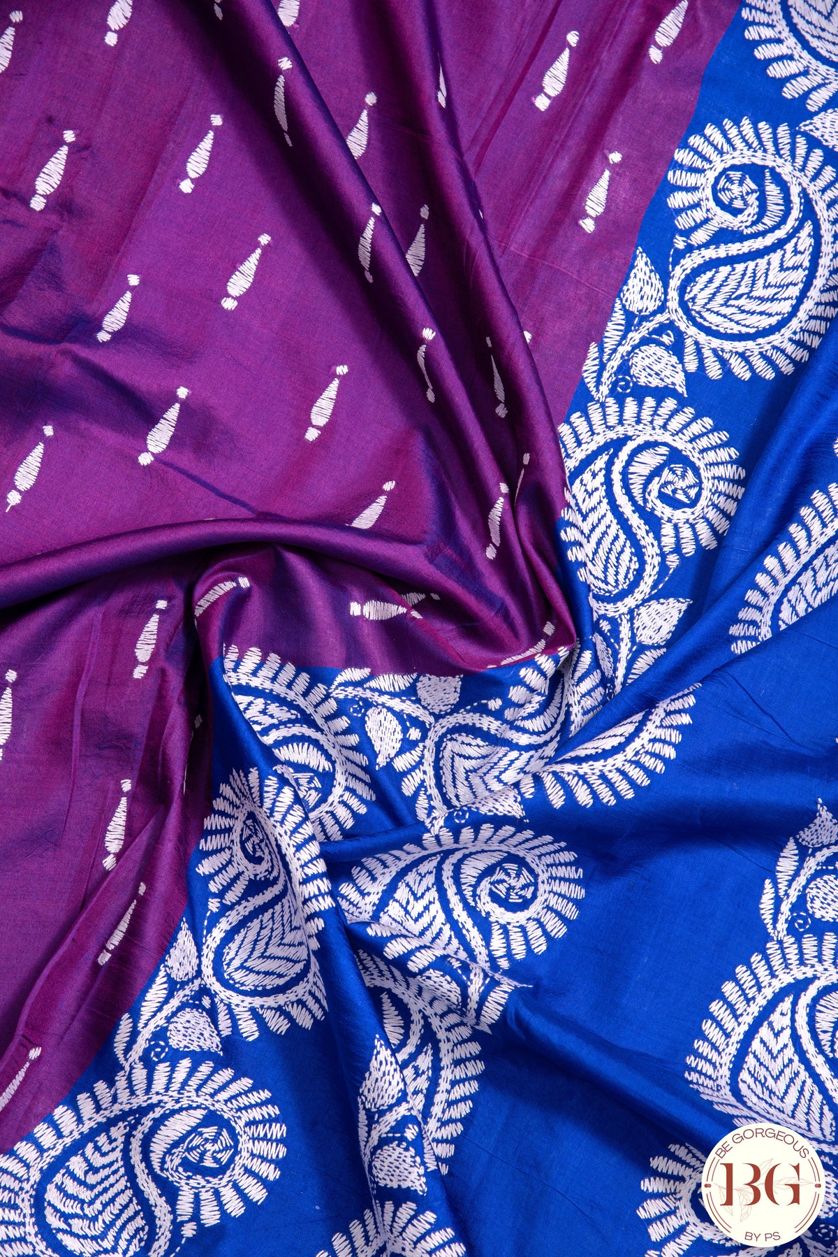 Kantha Stitch Saree on Bangalore Silk with parrot motif - blue with white and green