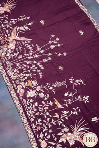 Hand Parsi Gara Embroidery on pure crepe silk - purple