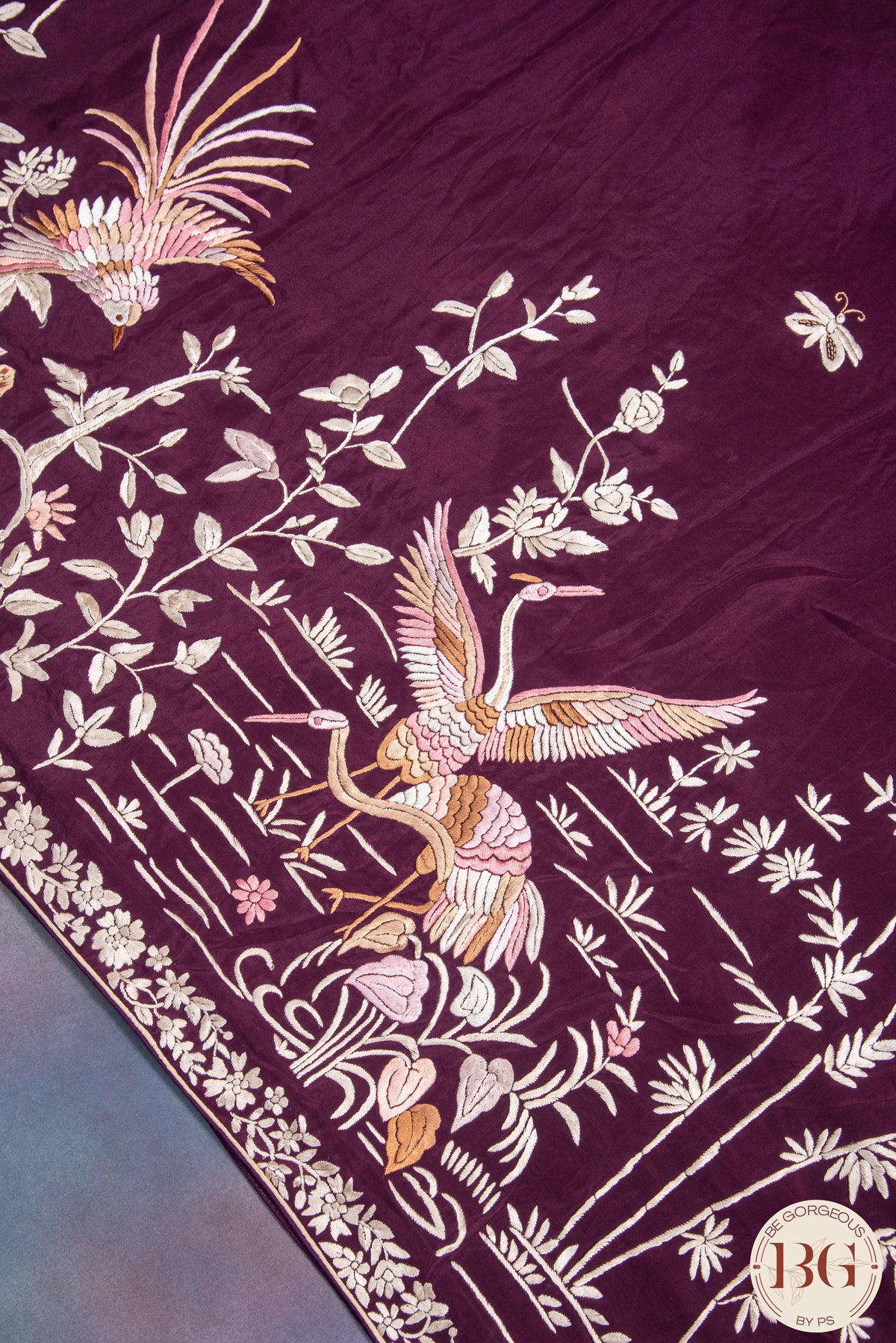 Hand Parsi Gara Embroidery on pure crepe silk - purple