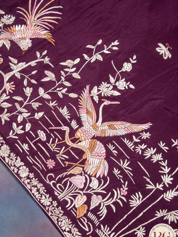 Hand Parsi Gara Embroidery on pure crepe silk - purple