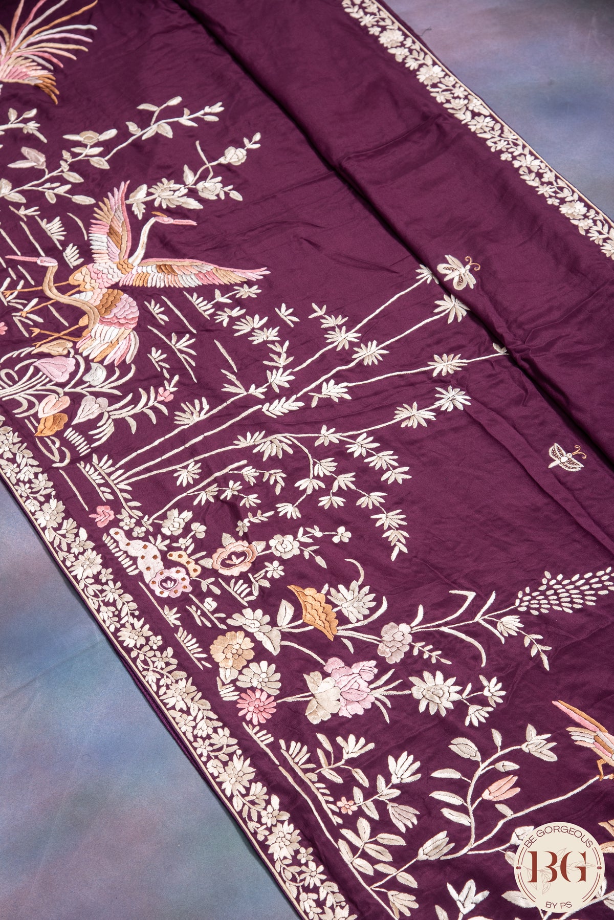 Hand Parsi Gara Embroidery on pure crepe silk - purple