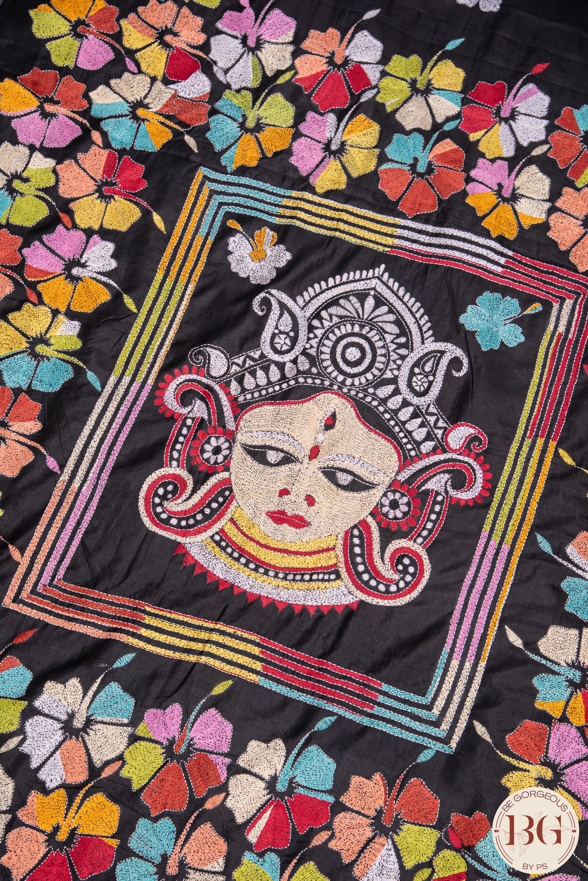 Kantha Stitch Saree on Bangalore Silk with durga motif - Black with multicolor