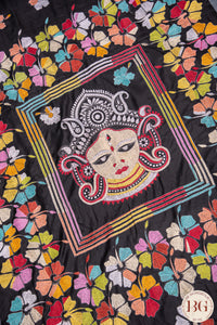 Kantha Stitch Saree on Bangalore Silk with durga motif - Black with multicolor