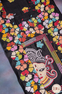 Kantha Stitch Saree on Bangalore Silk with durga motif - Black with multicolor