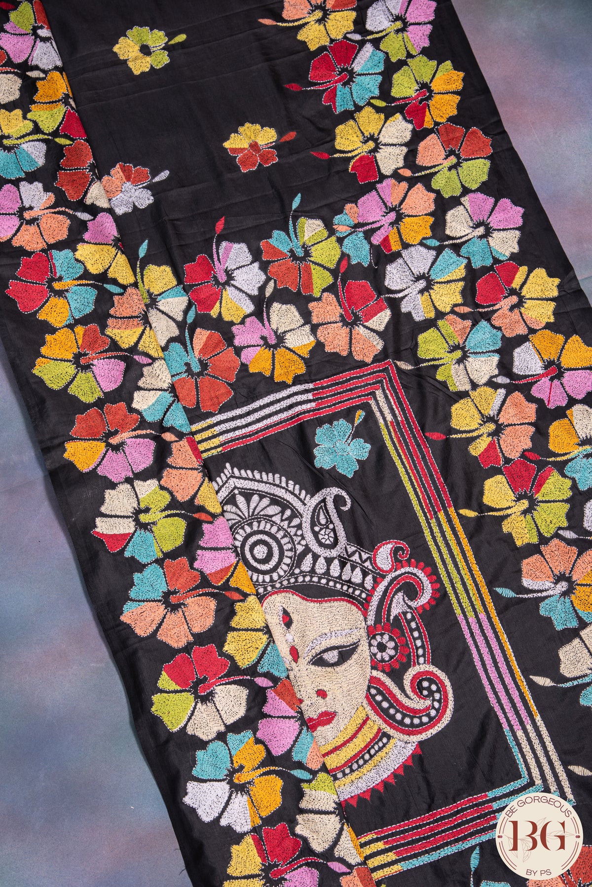 Kantha Stitch Saree on Bangalore Silk with durga motif - Black with multicolor