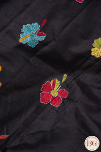 Kantha Stitch Saree on Bangalore Silk with durga motif - Black with multicolor