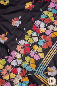 Kantha Stitch Saree on Bangalore Silk with durga motif - Black with multicolor