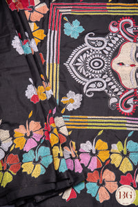 Kantha Stitch Saree on Bangalore Silk with durga motif - Black with multicolor