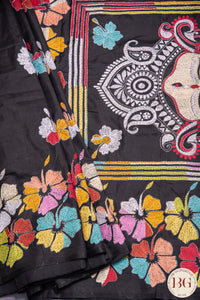 Kantha Stitch Saree on Bangalore Silk with durga motif - Black with multicolor