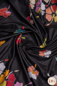 Kantha Stitch Saree on Bangalore Silk with durga motif - Black with multicolor