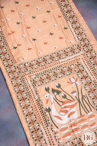 Kantha Stitch Saree on Bangalore Silk - Orange,White and Black