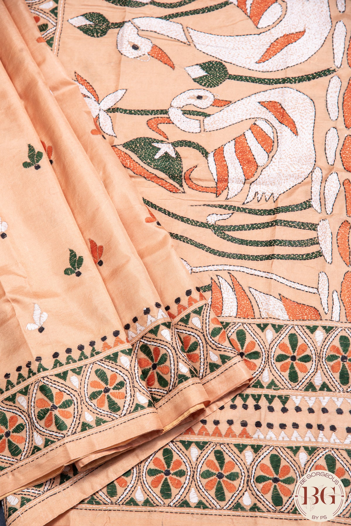 Kantha Stitch Saree on Bangalore Silk - Orange,White and Black