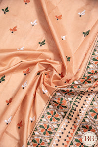 Kantha Stitch Saree on Bangalore Silk - Orange,White and Black