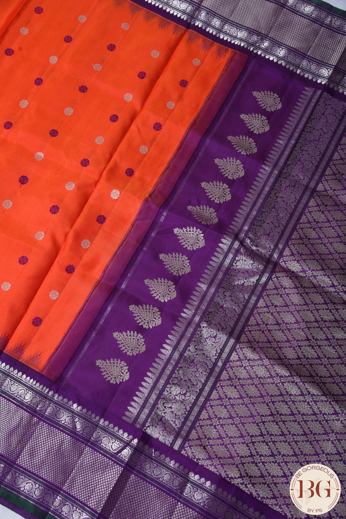 No Zari Kuttu Gadwal Pure handloom silk saree - orangish red with purple