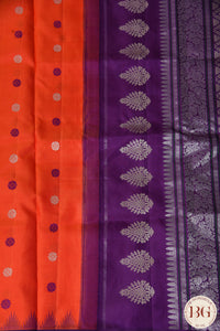 No Zari Kuttu Gadwal Pure handloom silk saree - orangish red with purple