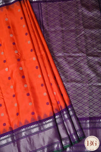 No Zari Kuttu Gadwal Pure handloom silk saree - orangish red with purple