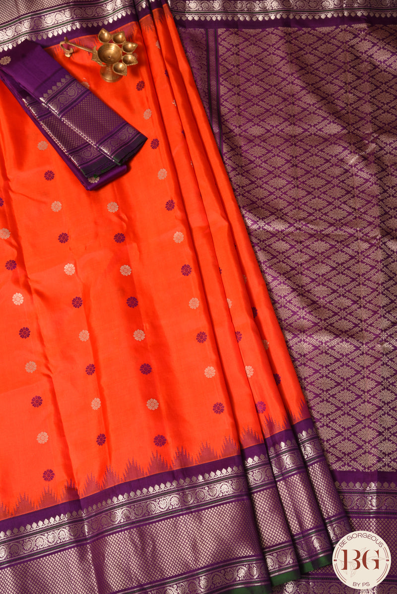 No Zari Kuttu Gadwal Pure handloom silk saree - orangish red with purple