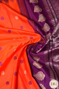 No Zari Kuttu Gadwal Pure handloom silk saree - orangish red with purple