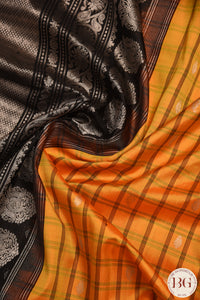 Kuttu Gadwal Pure silk handloom saree with silver zari - mustard yellow with black