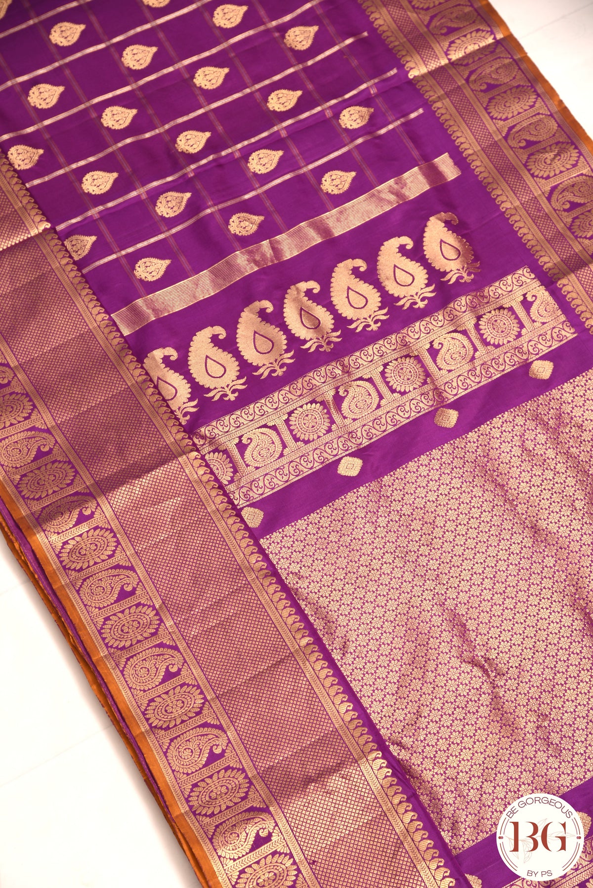 Kuttu Gadwal Pure silk handloom saree - Purple with mustard