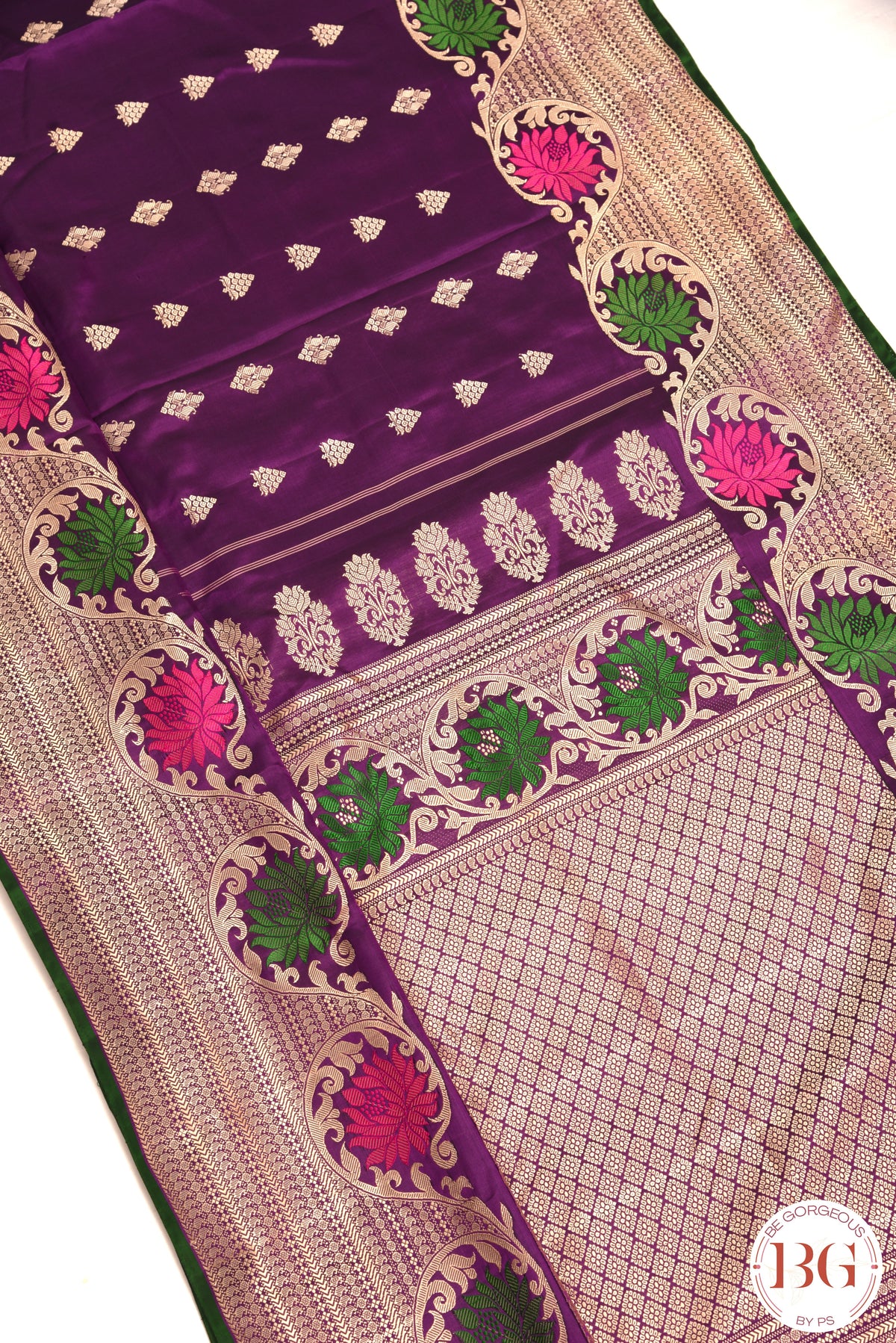 No Zari Kuttu Gadwal Pure handloom silk saree - purple with green