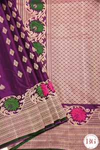 No Zari Kuttu Gadwal Pure handloom silk saree - purple with green