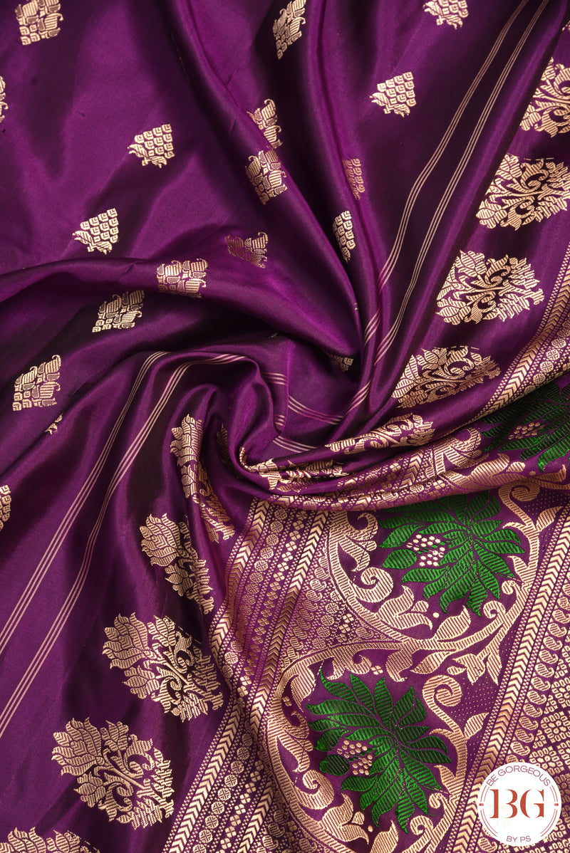 No Zari Kuttu Gadwal Pure handloom silk saree - purple with green