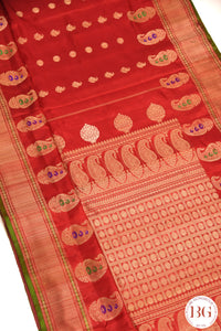 No Zari Kuttu Gadwal Pure handloom silk saree - red with green