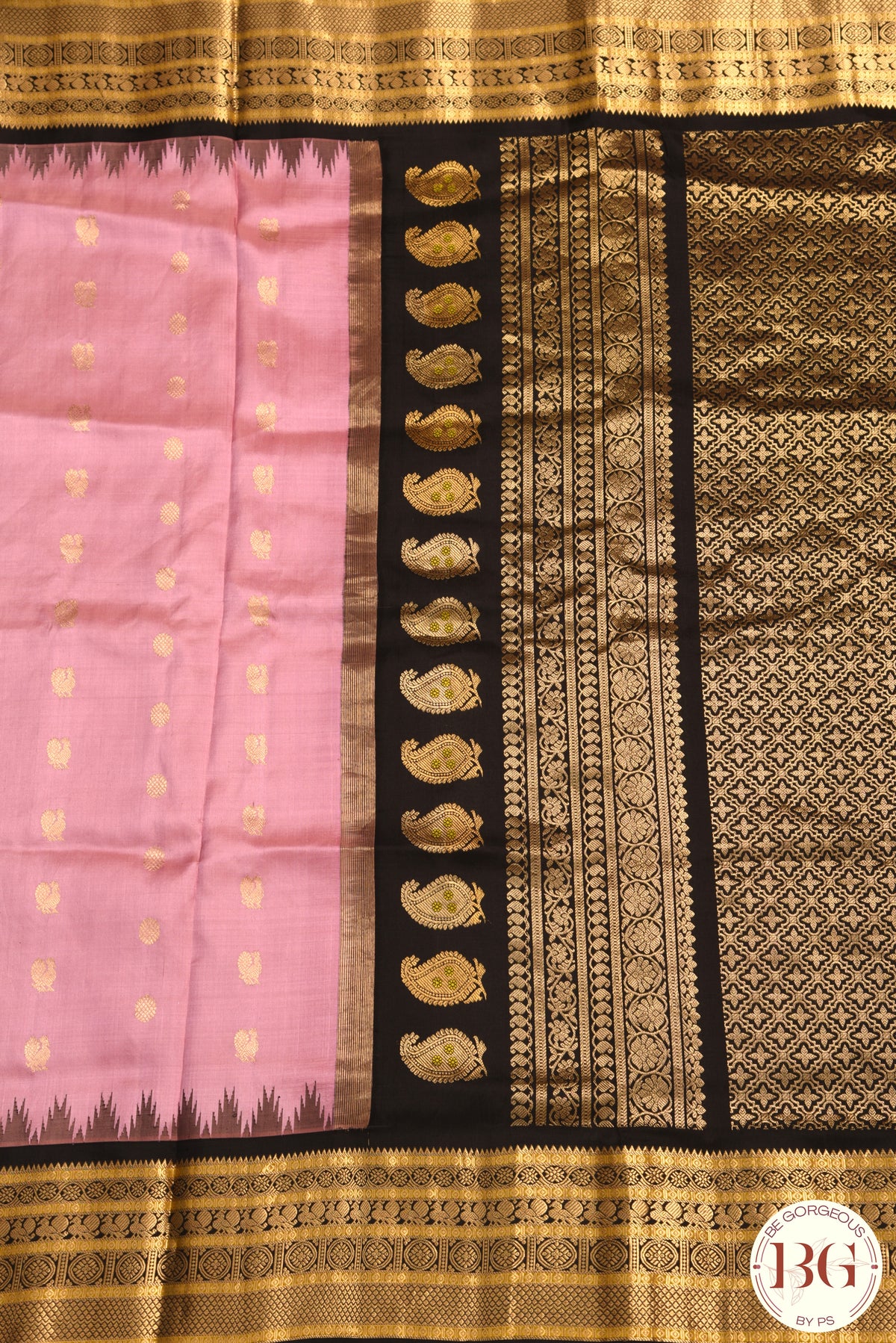 Kuttu Gadwal Pure silk handloom saree - onion pink with black