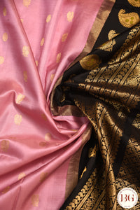 Kuttu Gadwal Pure silk handloom saree - onion pink with black