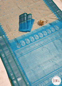 Kuttu Gadwal Pure silk handloom saree with silver zari - grey with blue