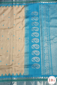 Kuttu Gadwal Pure silk handloom saree with silver zari - grey with blue