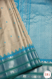 Kuttu Gadwal Pure silk handloom saree with silver zari - grey with blue