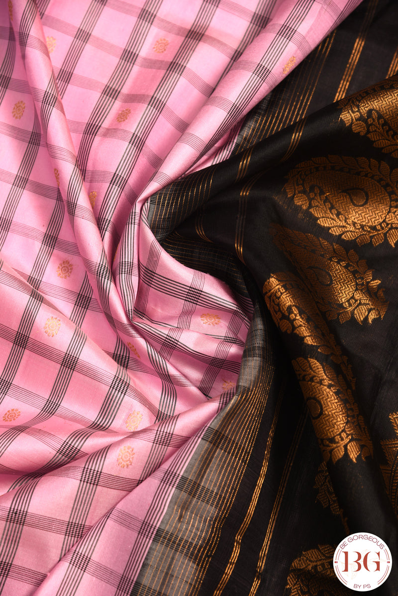 Kuttu Gadwal Pure silk handloom saree - pink with black