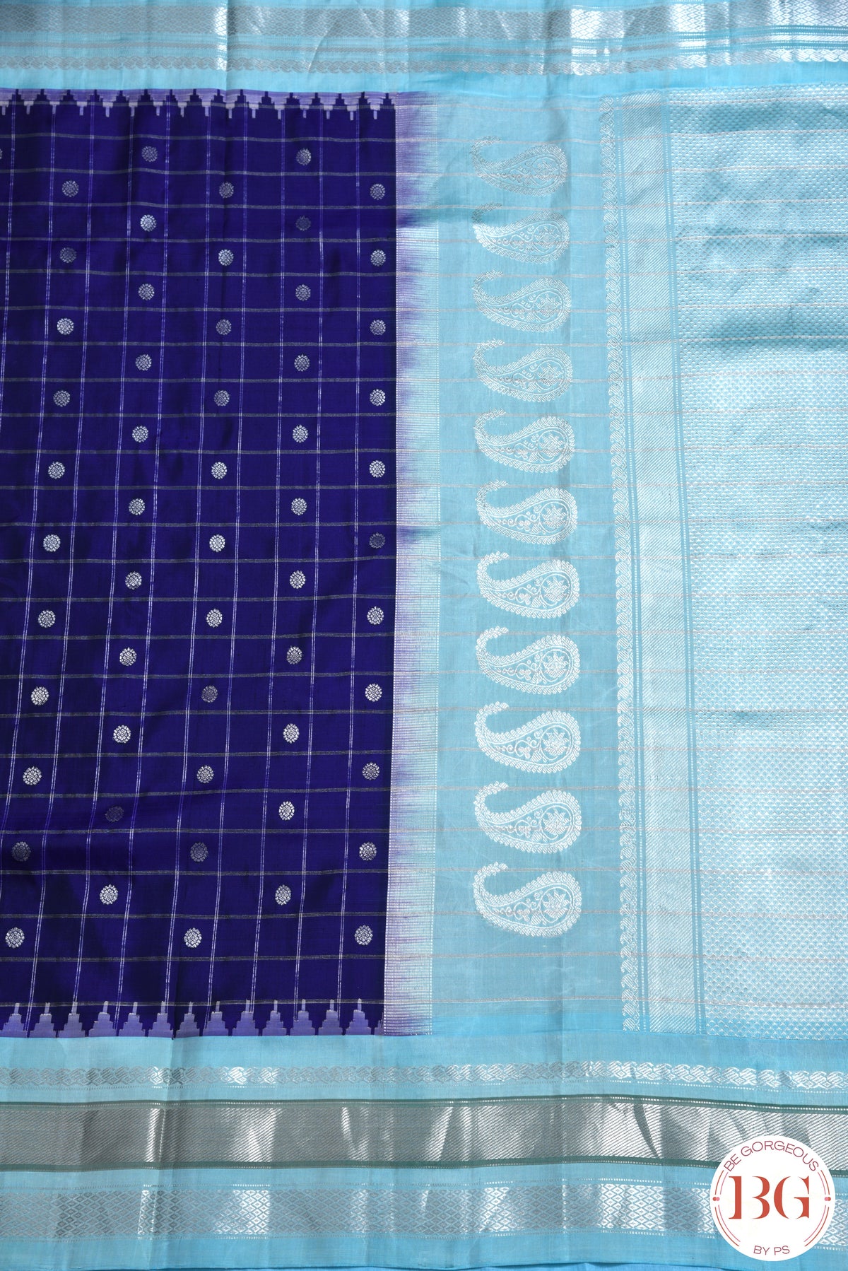 Kuttu Gadwal Pure silk handloom saree with silver zari - bluish purple with light blue