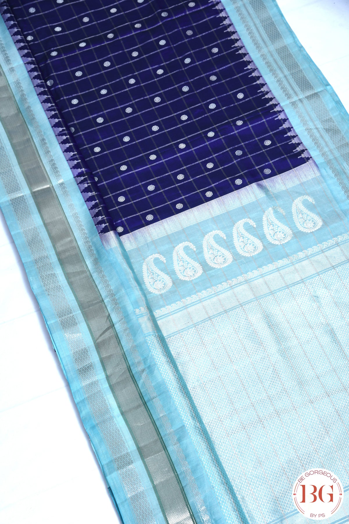 Kuttu Gadwal Pure silk handloom saree with silver zari - bluish purple with light blue