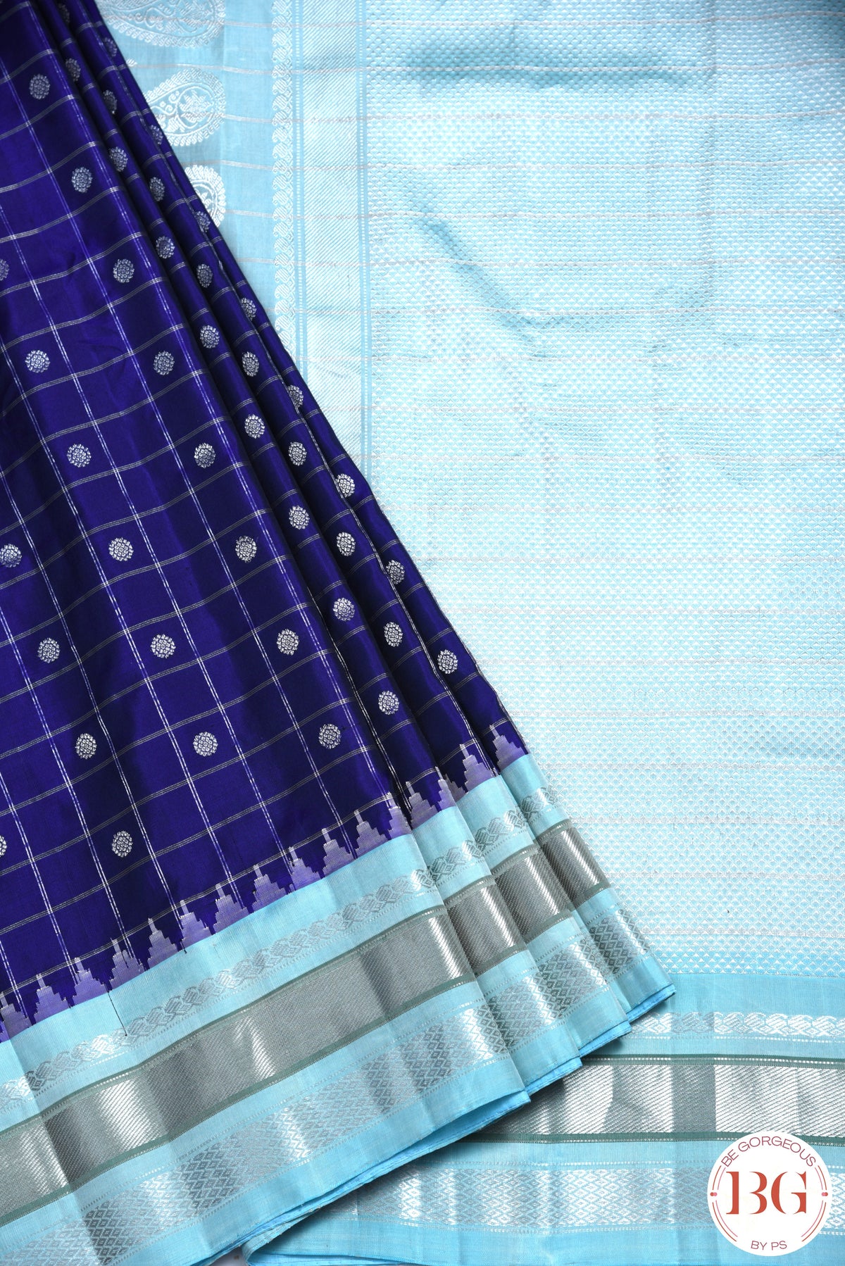 Kuttu Gadwal Pure silk handloom saree with silver zari - bluish purple with light blue