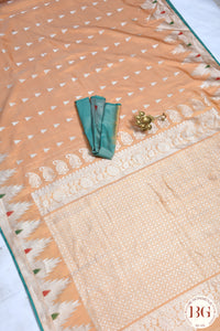 Kuttu Gadwal Pure silk handloom saree - beige orangish with green