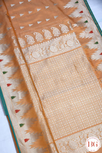 Kuttu Gadwal Pure silk handloom saree - beige orangish with green