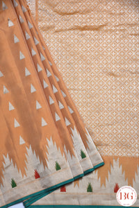 Kuttu Gadwal Pure silk handloom saree - beige orangish with green