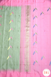 No Zari Kuttu Gadwal Pure handloom silk saree - pista green with baby pink