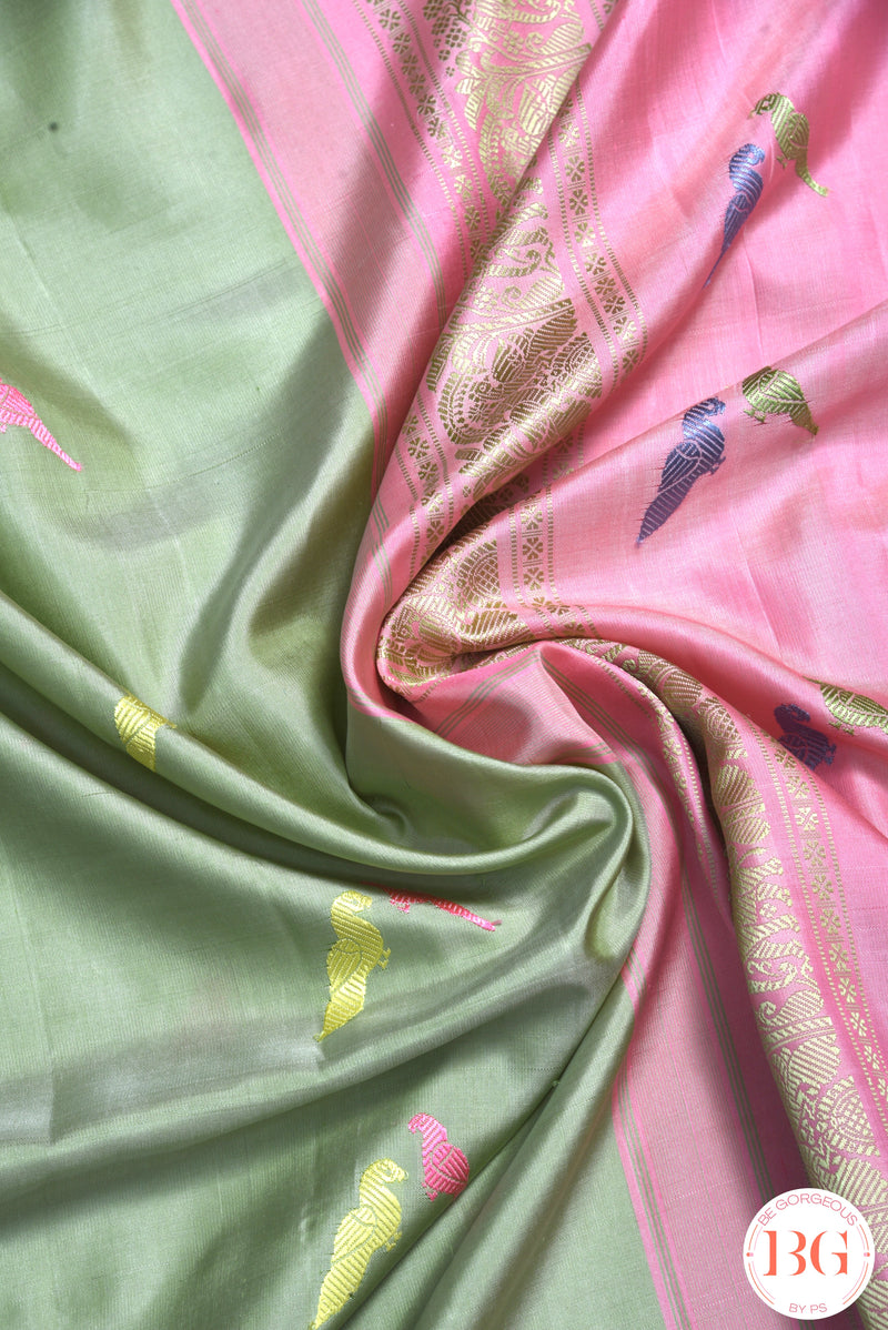 No Zari Kuttu Gadwal Pure handloom silk saree - pista green with baby pink